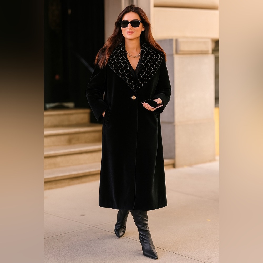 🔥 HOST PICK 🔥 Cattiva Long Velvet Coat Black Vintage L - Picture 8 of 12